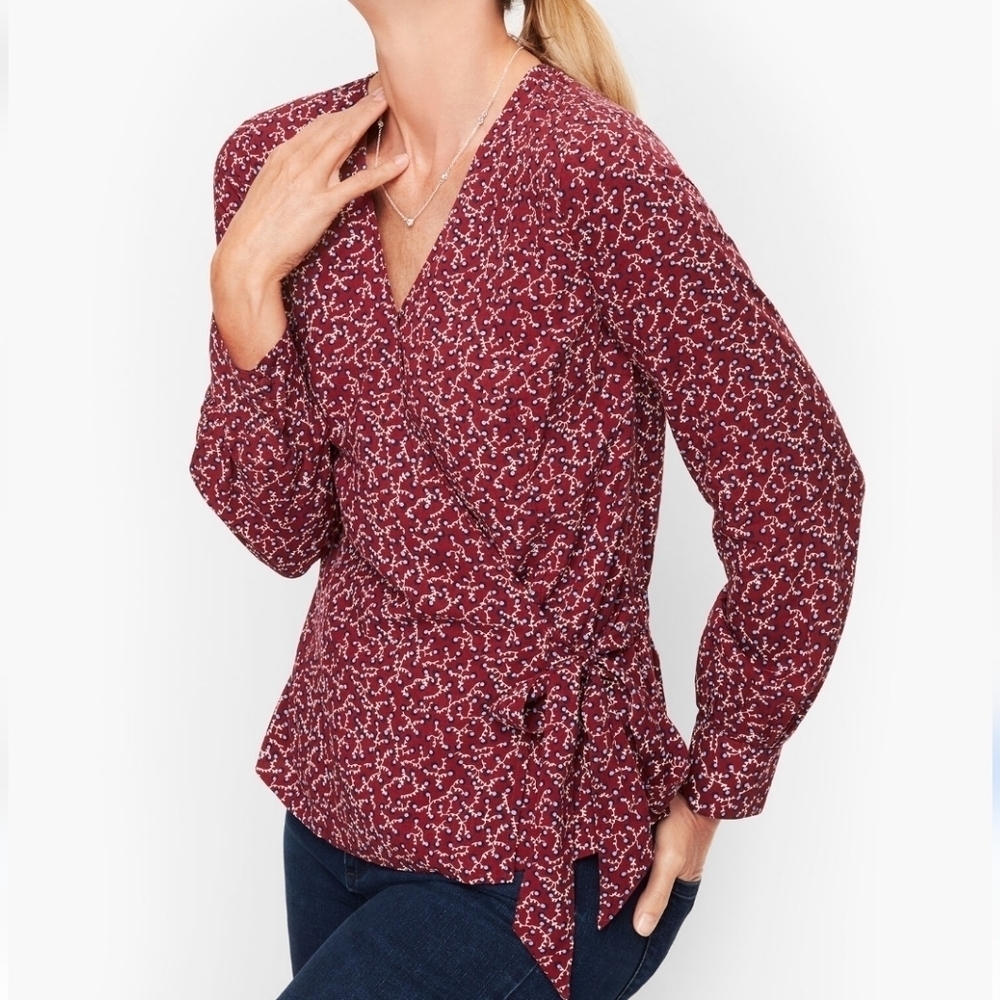 Talbots Burgundy Floral Wrap Blouse Long Sleeve V-Neck Tie Waist Top